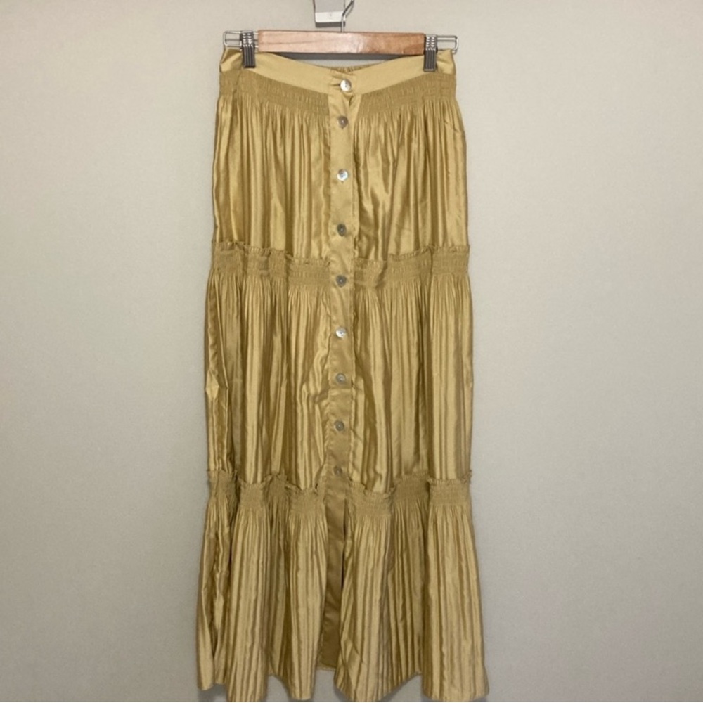 Soft Surroundings Gold Tiered Maxi Skirt Front Button Size XS Elastic Waist - Picture 2 of 7